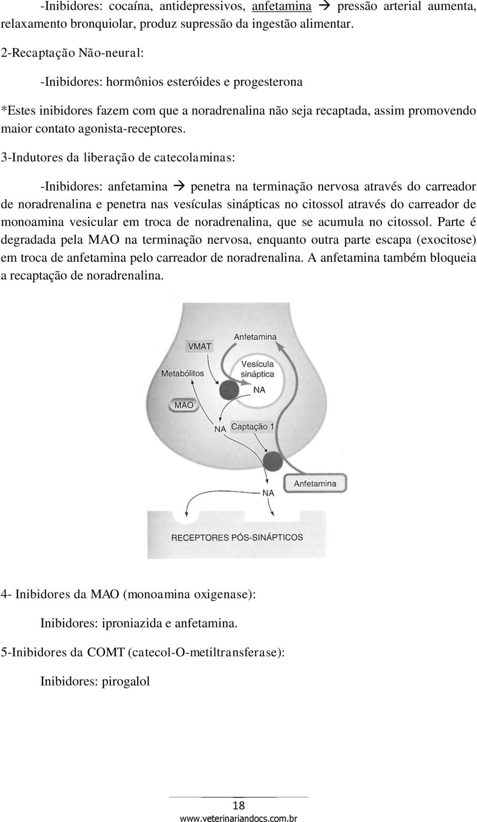 3-Indutores da liberação de catecolaminas: -Inibidores: anfetamina penetra na terminação nervosa através do carreador de noradrenalina e penetra nas vesículas sinápticas no citossol através do