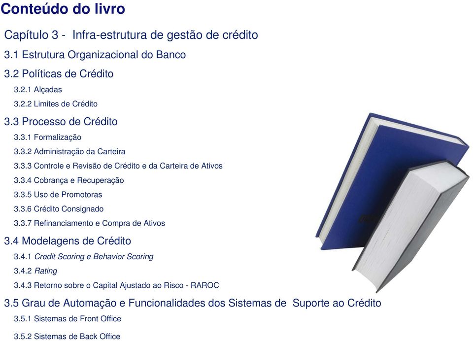 3.6 Crédito Consignado 3.3.7 Refinanciamento e Compra de Ativos 3.4 Modelagens de Crédito 3.4.1 Credit Scoring e Behavior Scoring 3.4.2 Rating 3.4.3 Retorno sobre o Capital Ajustado ao Risco - RAROC 3.