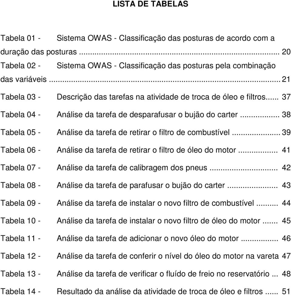 .. 38 Tabela 05 - Análise da tarefa de retirar o filtro de combustível... 39 Tabela 06 - Análise da tarefa de retirar o filtro de óleo do motor.