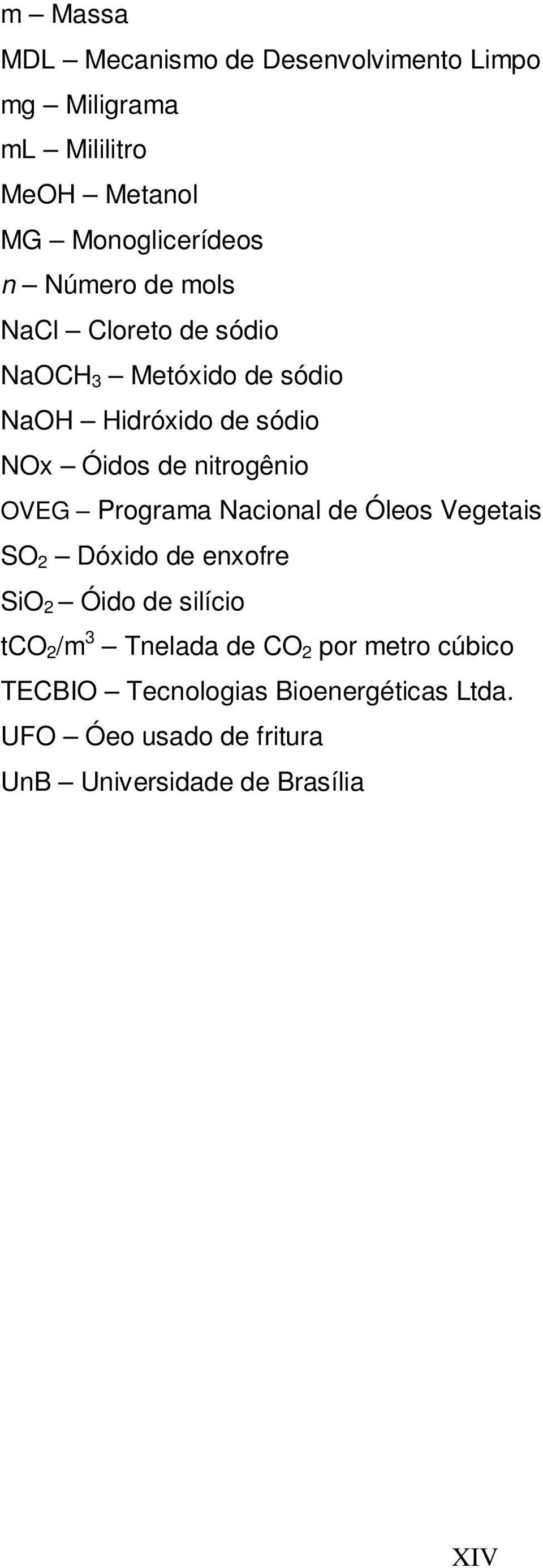 OVEG Programa Nacional de Óleos Vegetais SO 2 Dóxido de enxofre SiO 2 Óido de silício tco 2 /m 3 Tnelada de CO