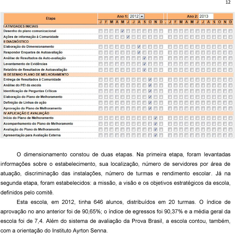 número de turmas e rendimento escolar. Já na segunda etapa, foram estabelecidos: a missão, a visão e os objetivos estratégicos da escola, definidos pelo comitê.