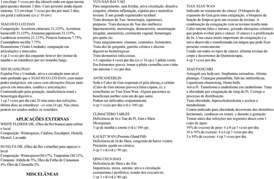 XIAO HUO LUO DAN Composição: Aconitum chinensis 21,125%, Aconitum kusnezoffi 21,125%, Arisaema japonicum 21,125%, Lumbricus terrestris 21,125%, Pistacia lontiscus 7,75%, Commiphora myrrha 7,75%.