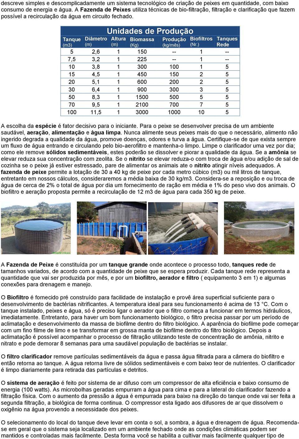 Tanque (m3) Diâmetro (m) Unidades de Produção Altura (m) Biomassa (Kg) Produção (kg/mês) Biofiltros (Nr.