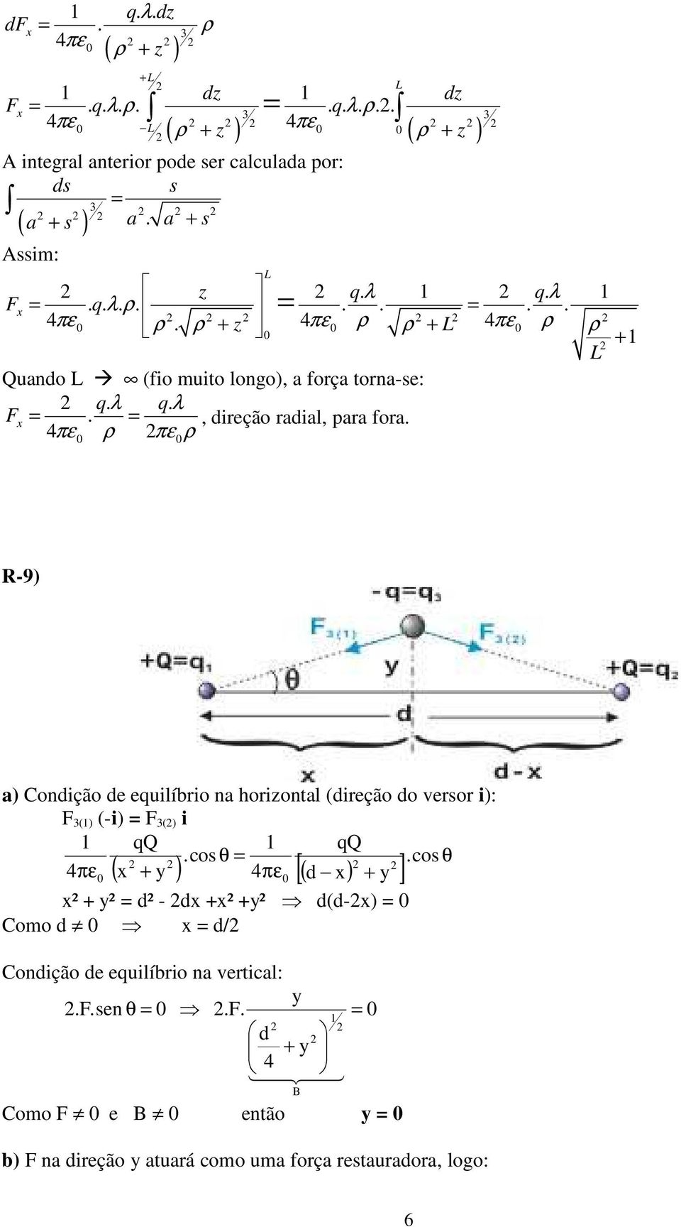 ρ ρ R-9) a) onição e equilíbio na hoizontal (ieção o veso i): F () (-i) F () i qq qq cos θ cos θ ( x ) [( x) ] x² ² ² -