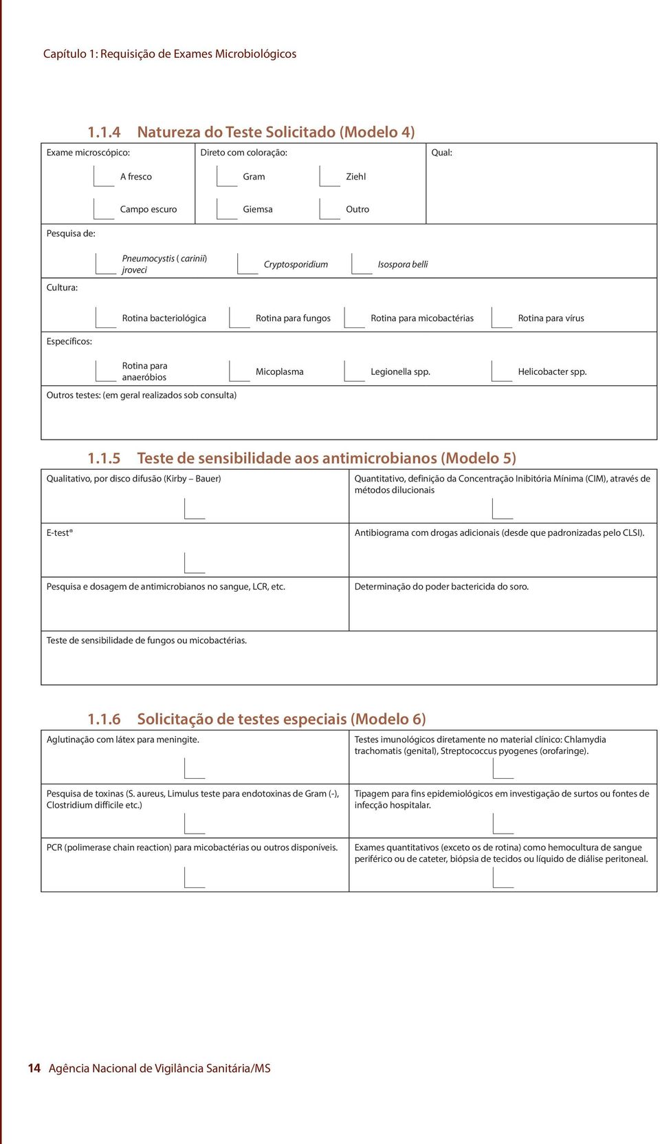 1.4 Natureza do Teste Solicitado (Modelo 4) Exame microscópico: Direto com coloração: Qual: A fresco Gram Ziehl Campo escuro Giemsa Outro Pesquisa de: Pneumocystis ( carinii) jroveci Cryptosporidium