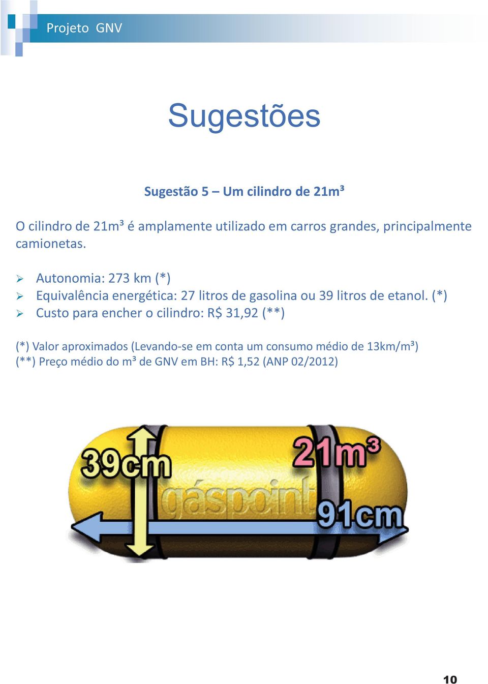 Autonomia: 273 km (*) Equivalência energética: 27 litros de gasolina ou 39 litros de etanol.