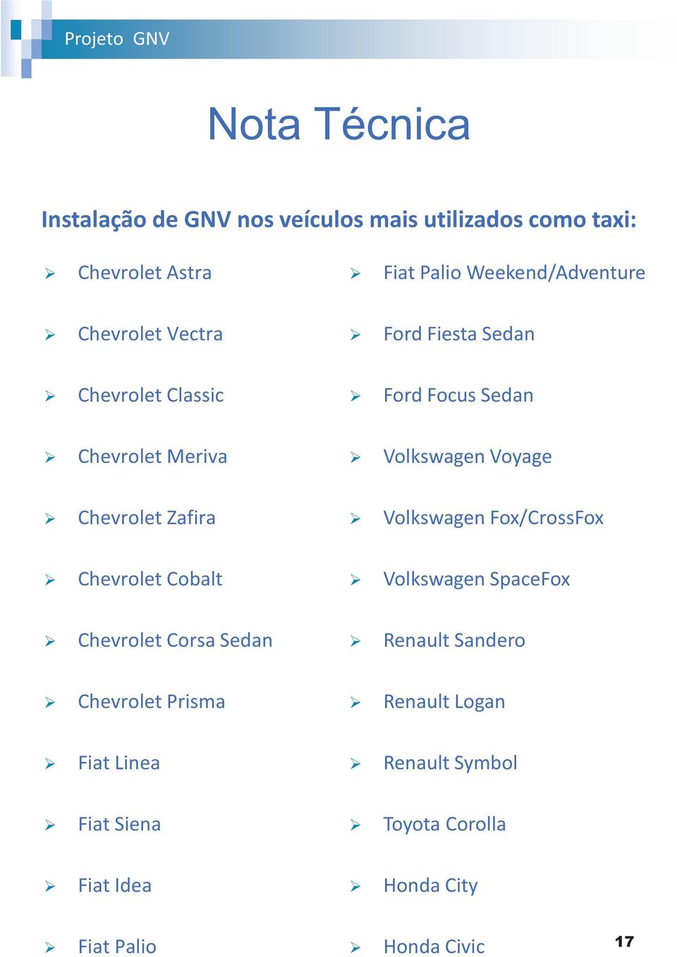 Volkswagen Fox/CrossFox Chevrolet Cobalt Volkswagen SpaceFox Chevrolet Corsa Sedan Renault Sandero Chevrolet