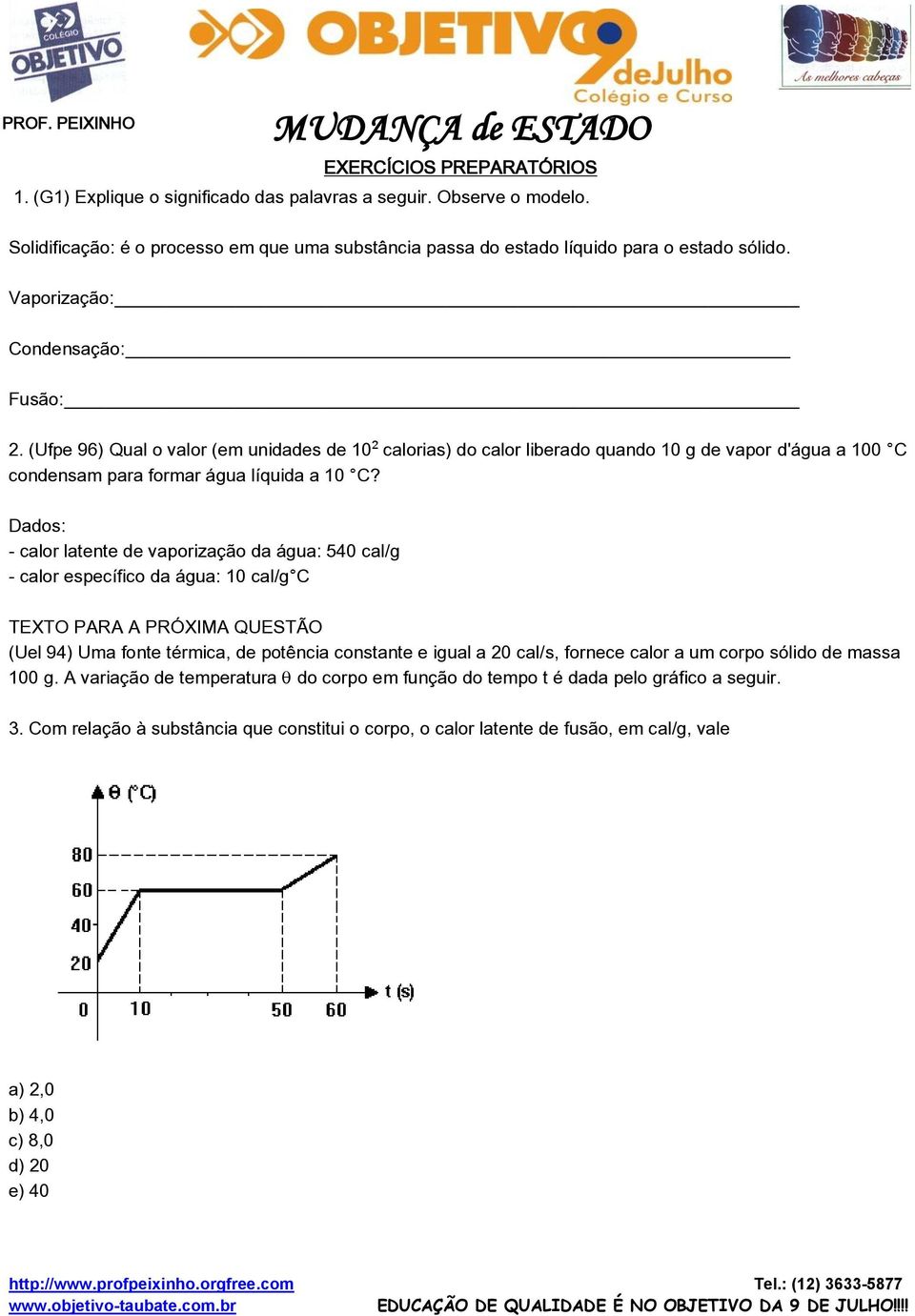 - calor latente de vaporização da água: 540 cal/g - calor específico da água: 10 cal/g C TEXTO PARA A PRÓXIMA QUESTÃO (Uel 94) Uma fonte térmica, de potência constante e igual a 20 cal/s, fornece