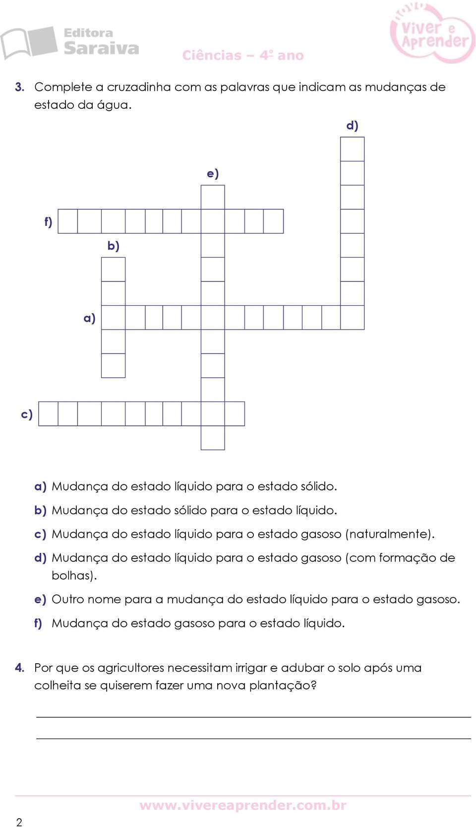 c) Mudança do estado líquido para o estado gasoso (naturalmente). d) Mudança do estado líquido para o estado gasoso (com formação de bolhas).