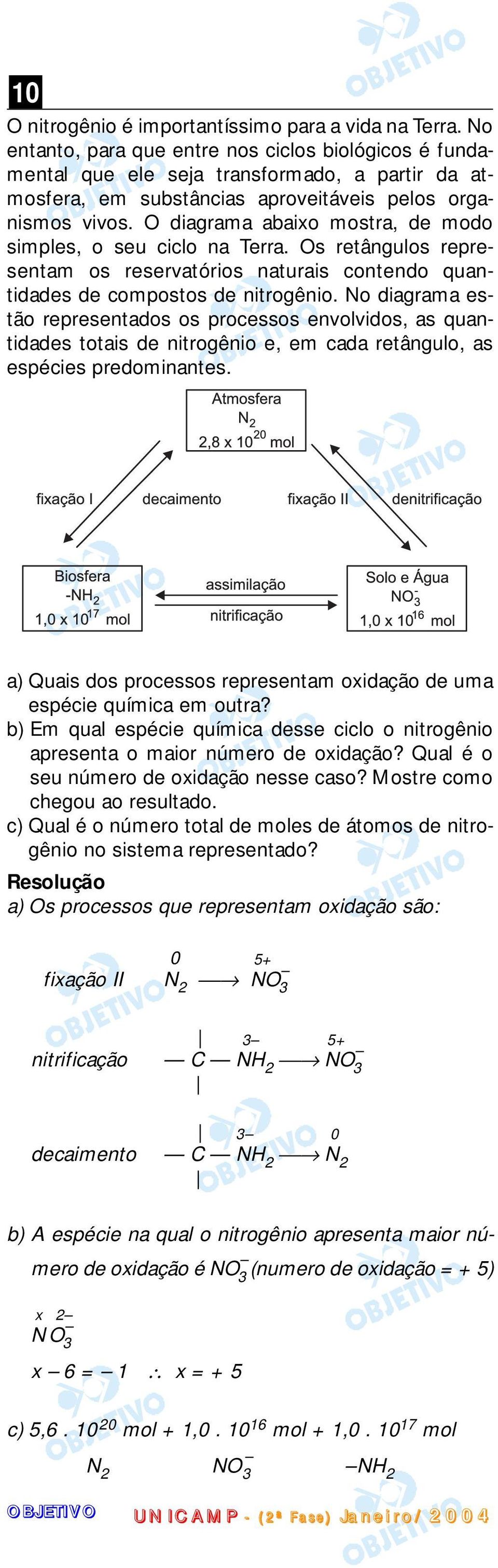 O diagrama abaixo mostra, de modo simples, o seu ciclo na Terra. Os retângulos representam os reservatórios naturais contendo quantidades de compostos de nitrogênio.