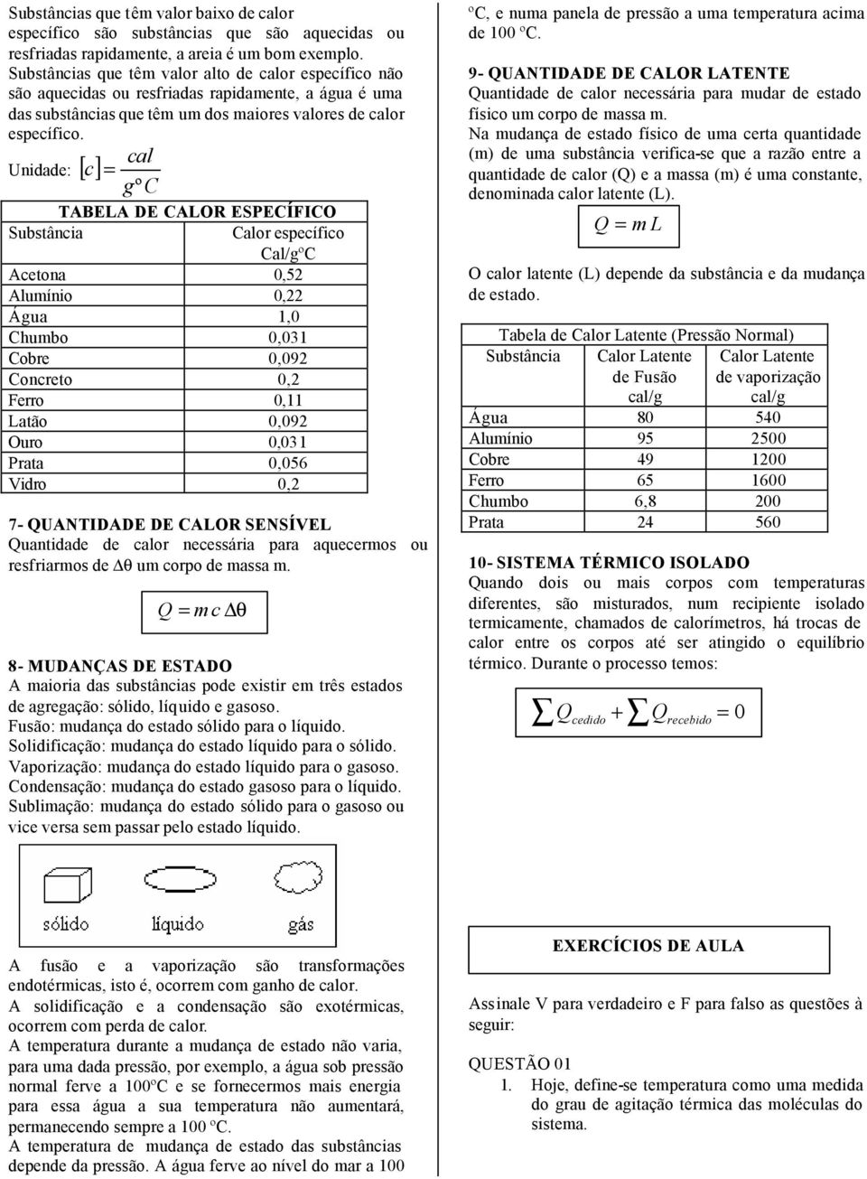 Unidade: [ c] cal gº TABELA DE ALOR ESPEÍFIO Substância alor específico al/gº Acetona 0,52 Alumínio 0,22 Água 1,0 humbo 0,031 obre 0,092 oncreto 0,2 Ferro 0,11 Latão 0,092 Ouro 0,031 Prata 0,056