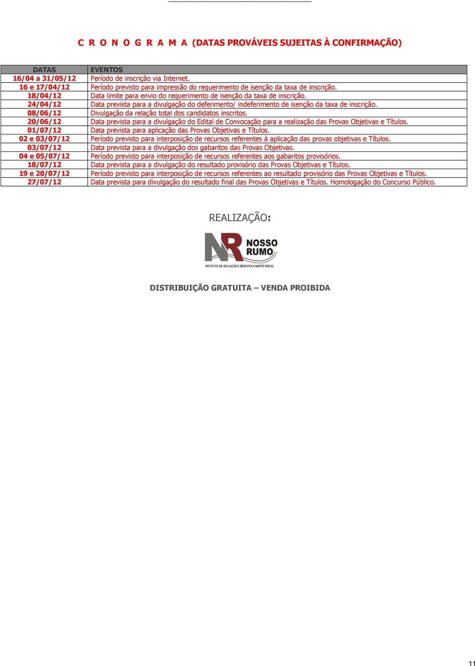 24/04/12 Data prevista para a divulgação do deferimento/ indeferimento de isenção da taxa de inscrição. 08/06/12 Divulgação da relação total dos candidatos inscritos.