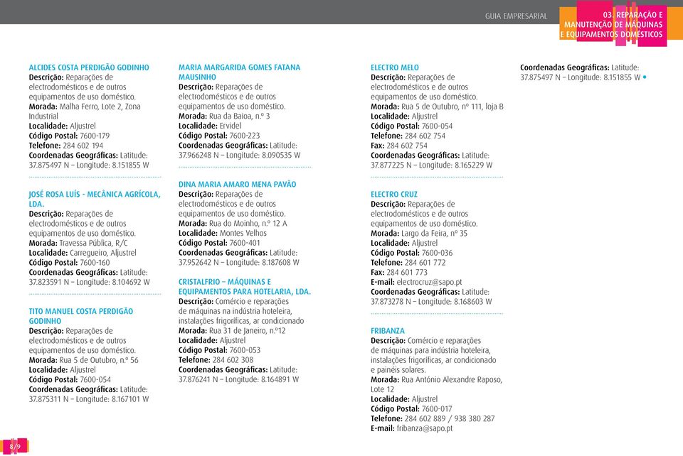 Descrição: Reparações de electrodomésticos e de outros equipamentos de uso doméstico. Morada: Travessa Pública, R/C Localidade: Carregueiro, Aljustrel Código Postal: 7600-160 37.823591 N Longitude: 8.