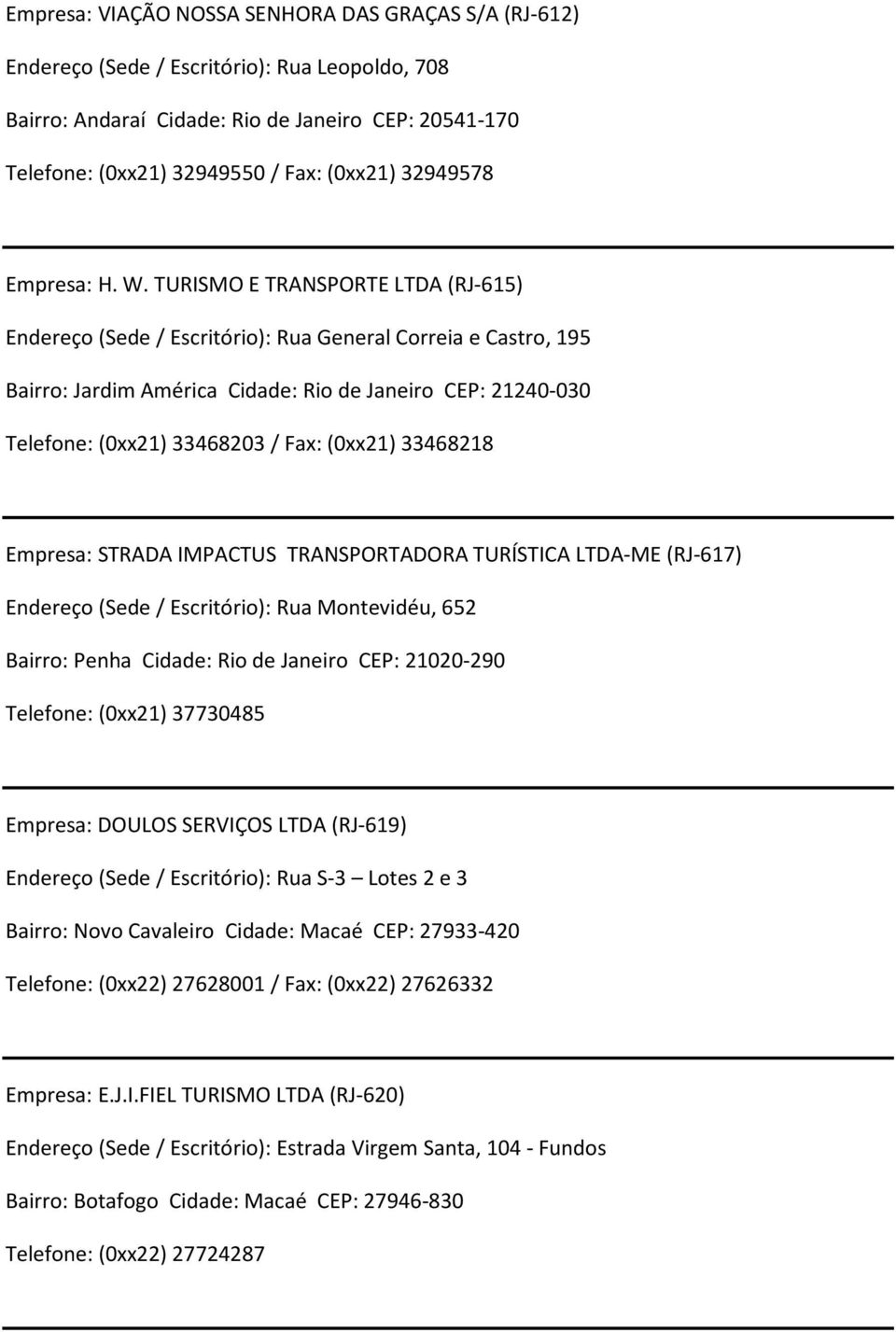 TURISMO E TRANSPORTE LTDA (RJ-615) Endereço (Sede/ Escritório): Rua General Correia e Castro, 195 Bairro: Jardim América Cidade: Rio de Janeiro CEP: 21240-030 Telefone: (0xx21) 33468203 / Fax: