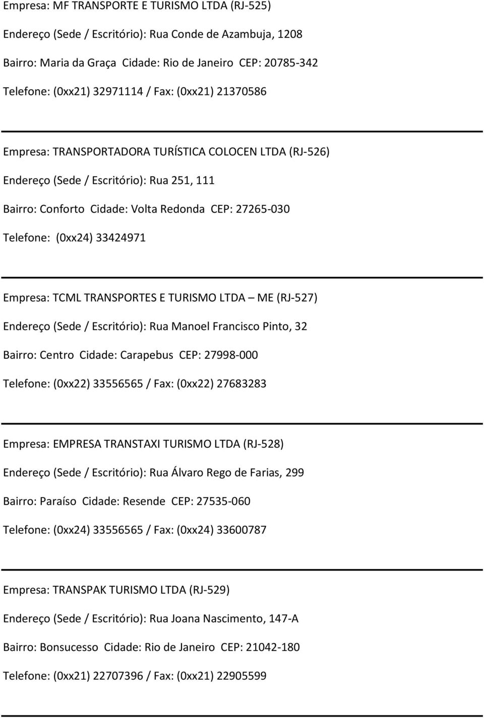 Empresa: TCML TRANSPORTES E TURISMO LTDA ME (RJ-527) Endereço (Sede/ Escritório): Rua Manoel Francisco Pinto, 32 Bairro: Centro Cidade: Carapebus CEP: 27998-000 Telefone: (0xx22) 33556565 / Fax: