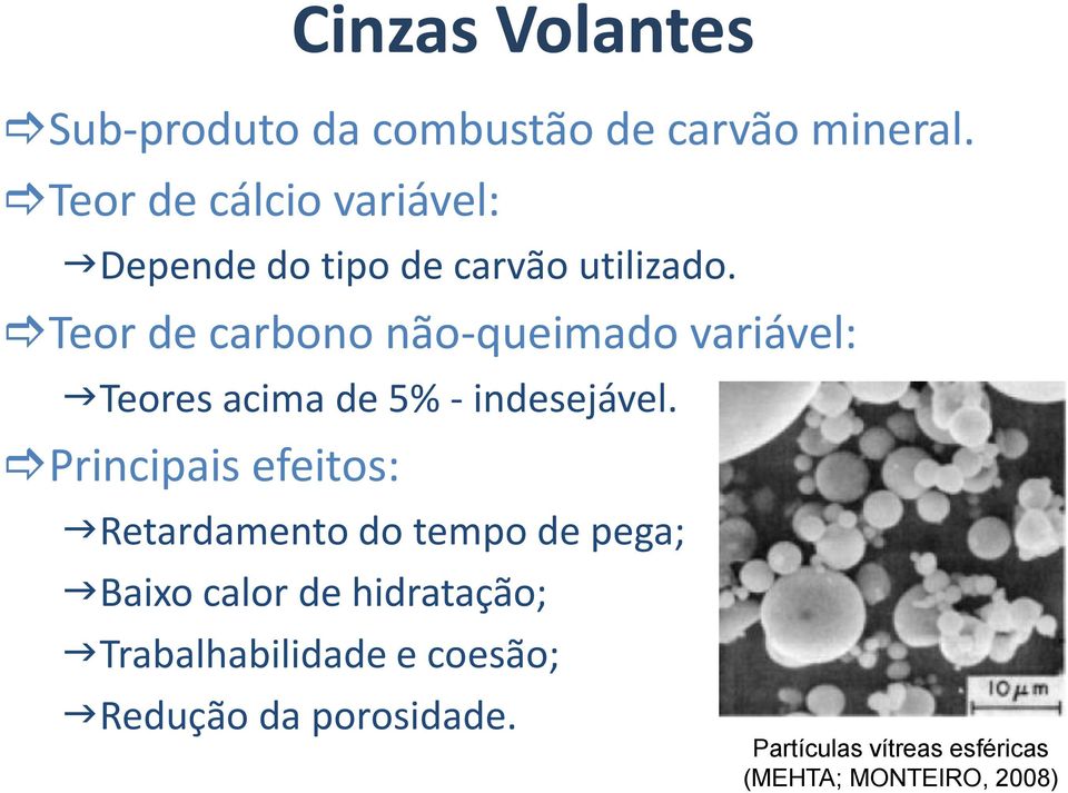 Teor de carbono não-queimado variável: Teores acima de 5% - indesejável.