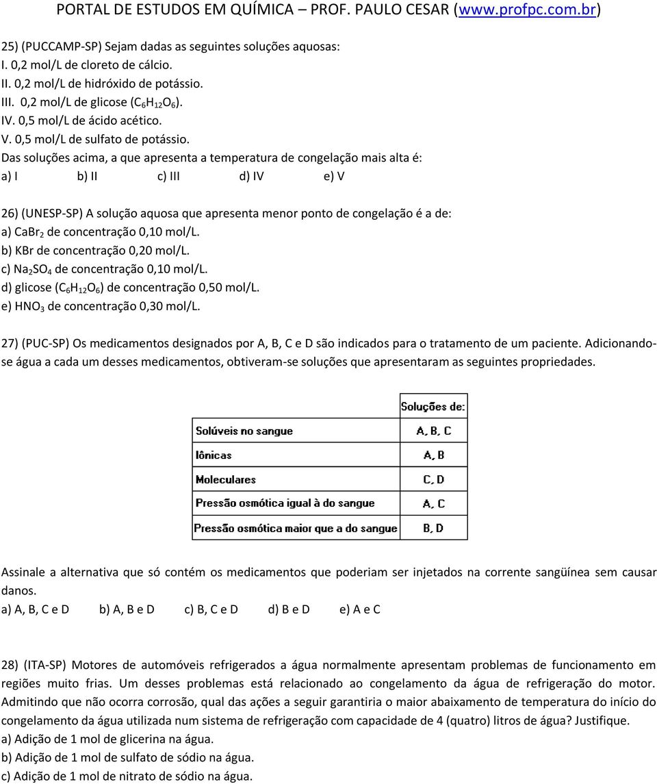 Das soluções acima, a que apresenta a temperatura de congelação mais alta é: a) I b) II c) III d) IV e) V 26) (UNESP-SP) A solução aquosa que apresenta menor ponto de congelação é a de: a) CaBr 2 de