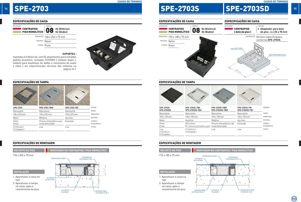 caixa SPE-2703S SUPORTES : Injetados em 66, com 04 alojamentos para tomadas padrão brasileiro, tomadas SCHUKO ( módulo duplo ), módulo para keystones de dados e conectores de audio e vídeo ( ver