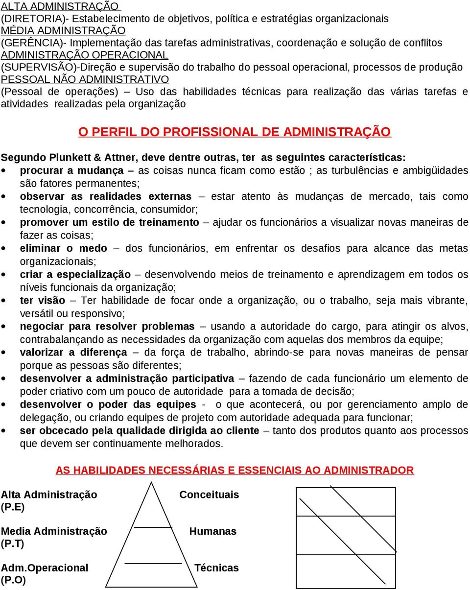 habilidades técnicas para realização das várias tarefas e atividades realizadas pela organização O PERFIL DO PROFISSIONAL DE ADMINISTRAÇÃO Segundo Plunkett & Attner, deve dentre outras, ter as