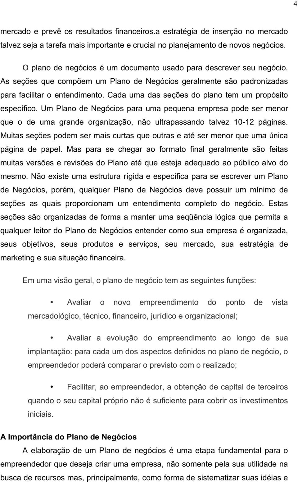 Cada uma das seções do plano tem um propósito específico. Um Plano de Negócios para uma pequena empresa pode ser menor que o de uma grande organização, não ultrapassando talvez 10-12 páginas.