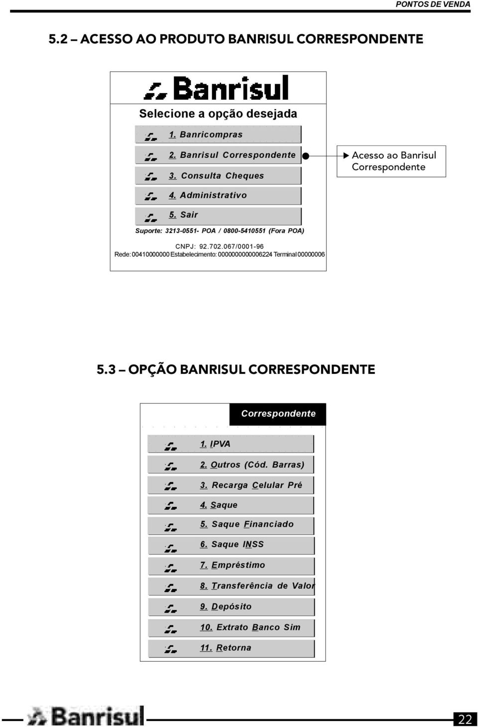 067/0001-96 Rede: 00410000000 Estabelecimento: 0000000000006224 Terminal 00000006 5.3 OPÇÃO BANRISUL CORRESPONDENTE Correspondente 1. IPVA 2.