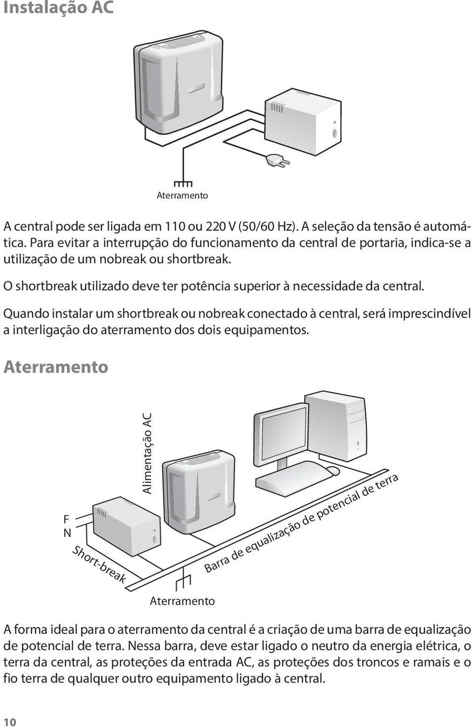 Quando instalar um shortbreak ou nobreak conectado à central, será imprescindível a interligação do aterramento dos dois equipamentos.