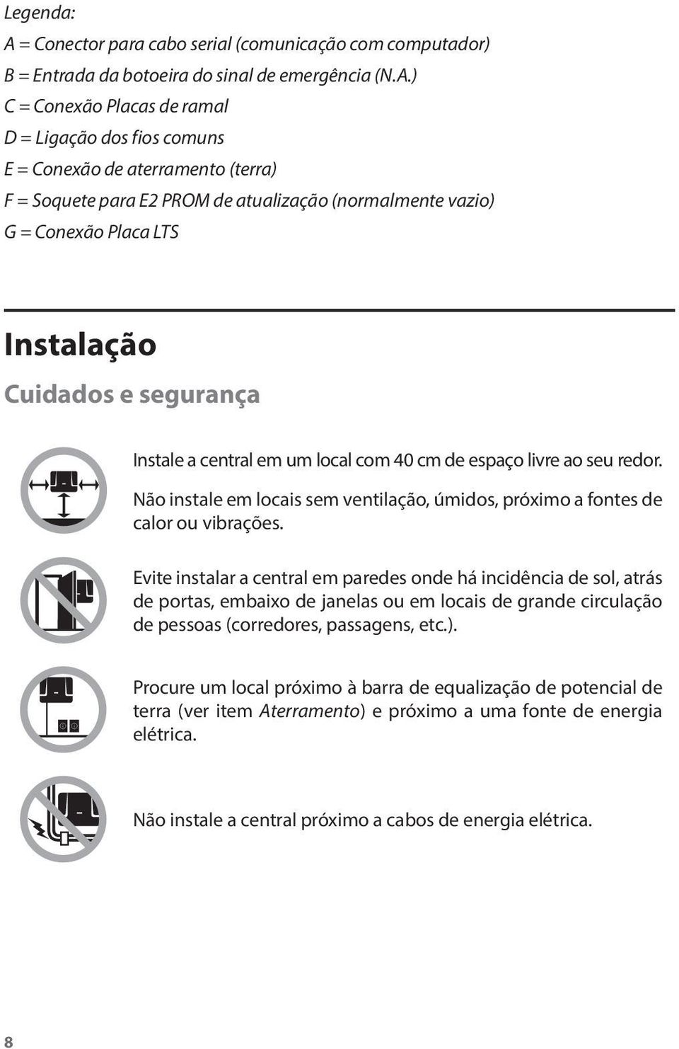 ) C = Conexão Placas de ramal D = Ligação dos fios comuns E = Conexão de aterramento (terra) F = Soquete para E2 PROM de atualização (normalmente vazio) G = Conexão Placa LTS Instalação Cuidados e