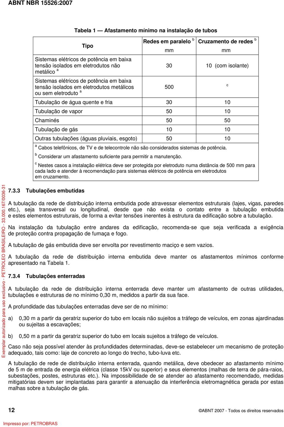 Tubulação de gás 10 10 Outras tubulações (águas pluviais, esgoto) 50 10 a Cabos telefônicos, de TV e de telecontrole não são considerados sistemas de potência.