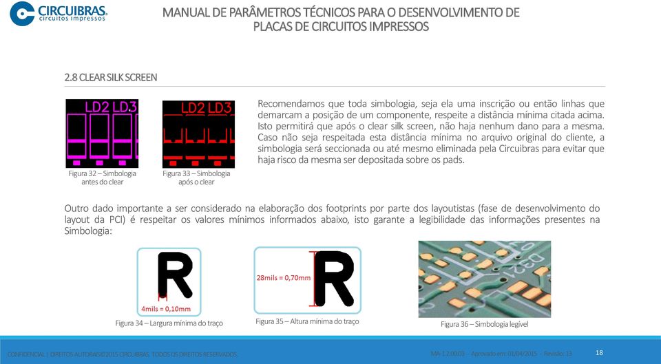 Caso não seja respeitada esta distância mínima no arquivo original do cliente, a simbologia será seccionada ou até mesmo eliminada pela Circuibras para evitar que haja risco da mesma ser depositada