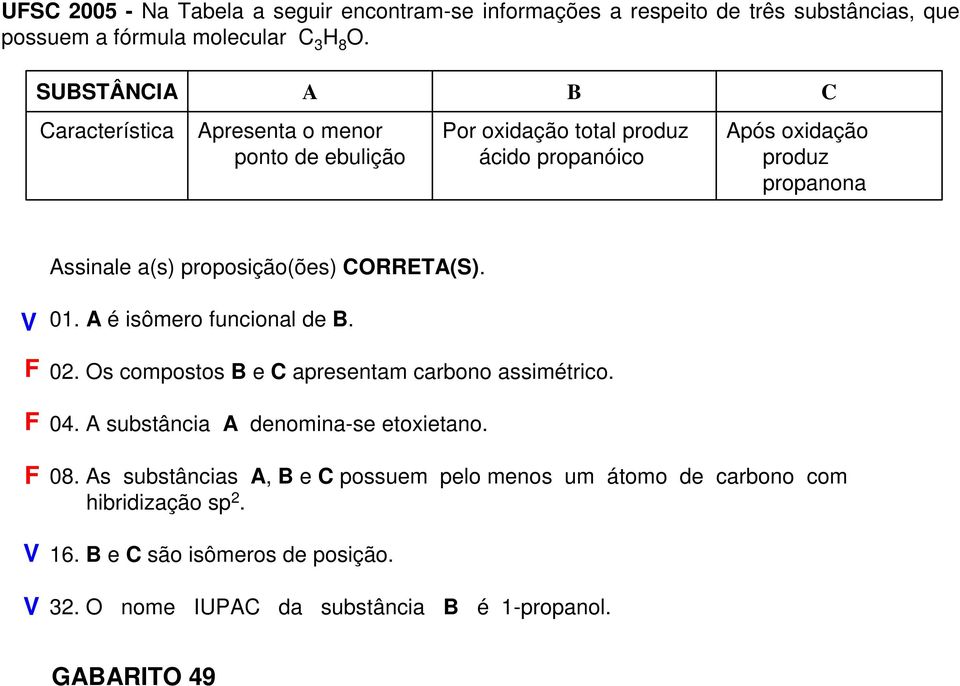 proposição(ões) CORRETA(S). 01. A é isômero funcional de B. 02. Os compostos B e C apresentam carbono assimétrico. 04. A substância A denomina-se etoxietano.