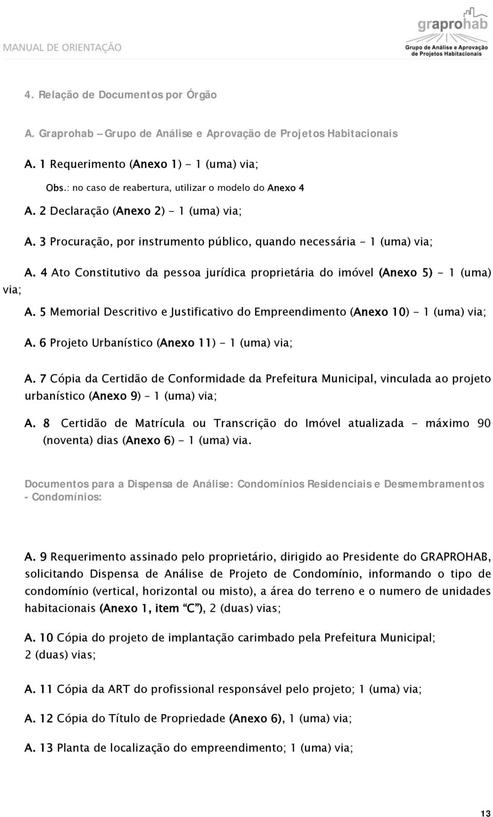 4 Ato Constitutivo da pessoa jurídica proprietária do imóvel (Anexo 5) - 1 (uma) via; A. 5 Memorial Descritivo e Justificativo do Empreendimento (Anexo 10) - 1 (uma) via; A.