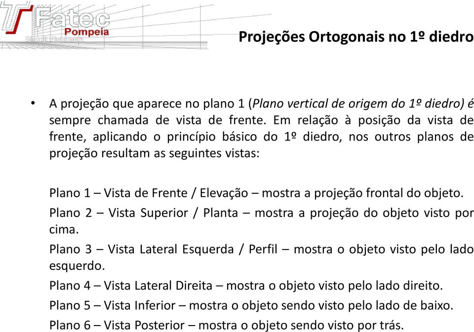 mostra a projeção frontal do objeto. Plano 2 Vista Superior / Planta mostra a projeção do objeto visto por cima.