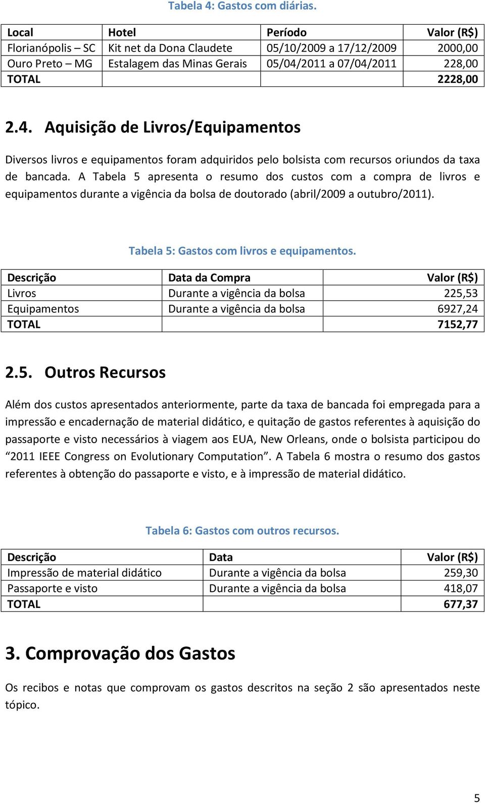 2011 a 07/04/2011 228,00 TOTAL 2228,00 2.4. Aquisição de Livros/Equipamentos Diversos livros e equipamentos foram adquiridos pelo bolsista com recursos oriundos da taxa de bancada.