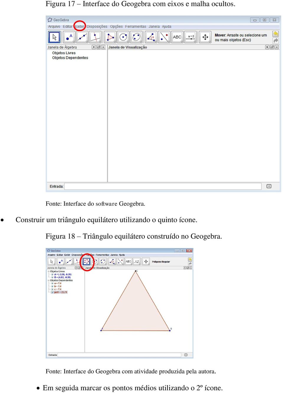 Construir um triângulo equilátero utilizando o quinto ícone.