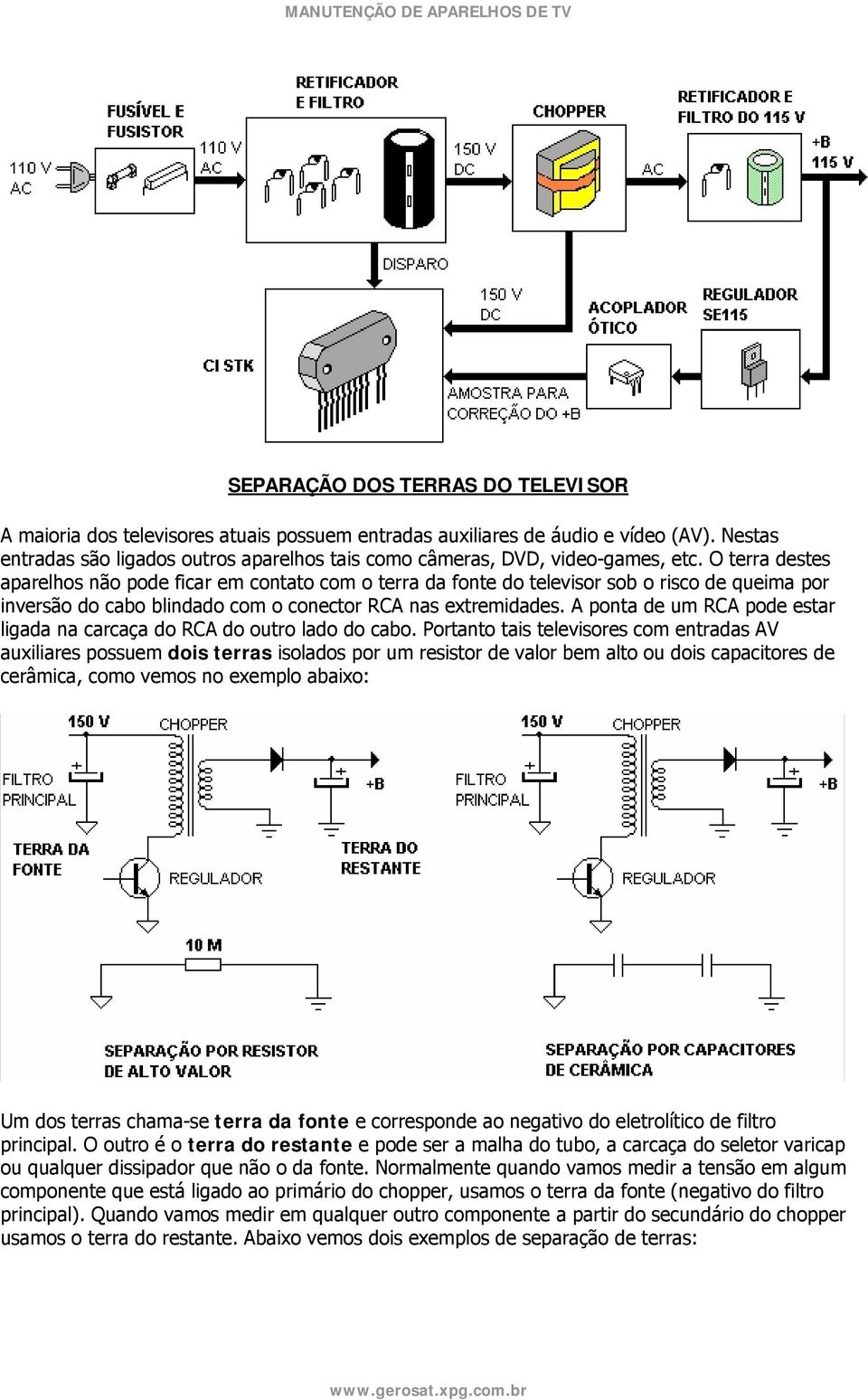 O terra destes aparelhos não pode ficar em contato com o terra da fonte do televisor sob o risco de queima por inversão do cabo blindado com o conector RCA nas extremidades.