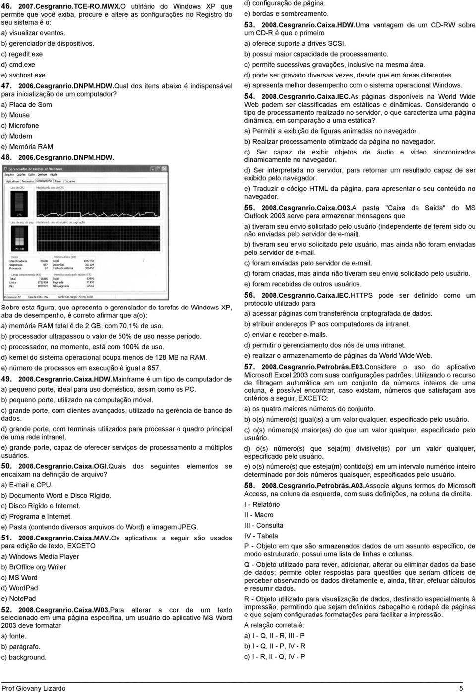 a) Placa de Som b) Mouse c) Microfone d) Modem e) Memória RAM 48. 2006.Cesgranrio.DNPM.HDW.