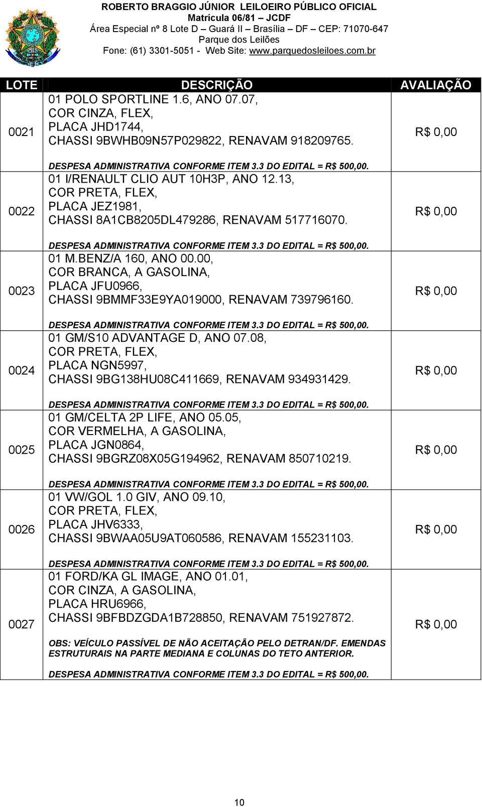 01 GM/S10 ADVANTAGE D, ANO 07.08, PLACA NGN5997, CHASSI 9BG138HU08C411669, RENAVAM 934931429. 01 GM/CELTA 2P LIFE, ANO 05.