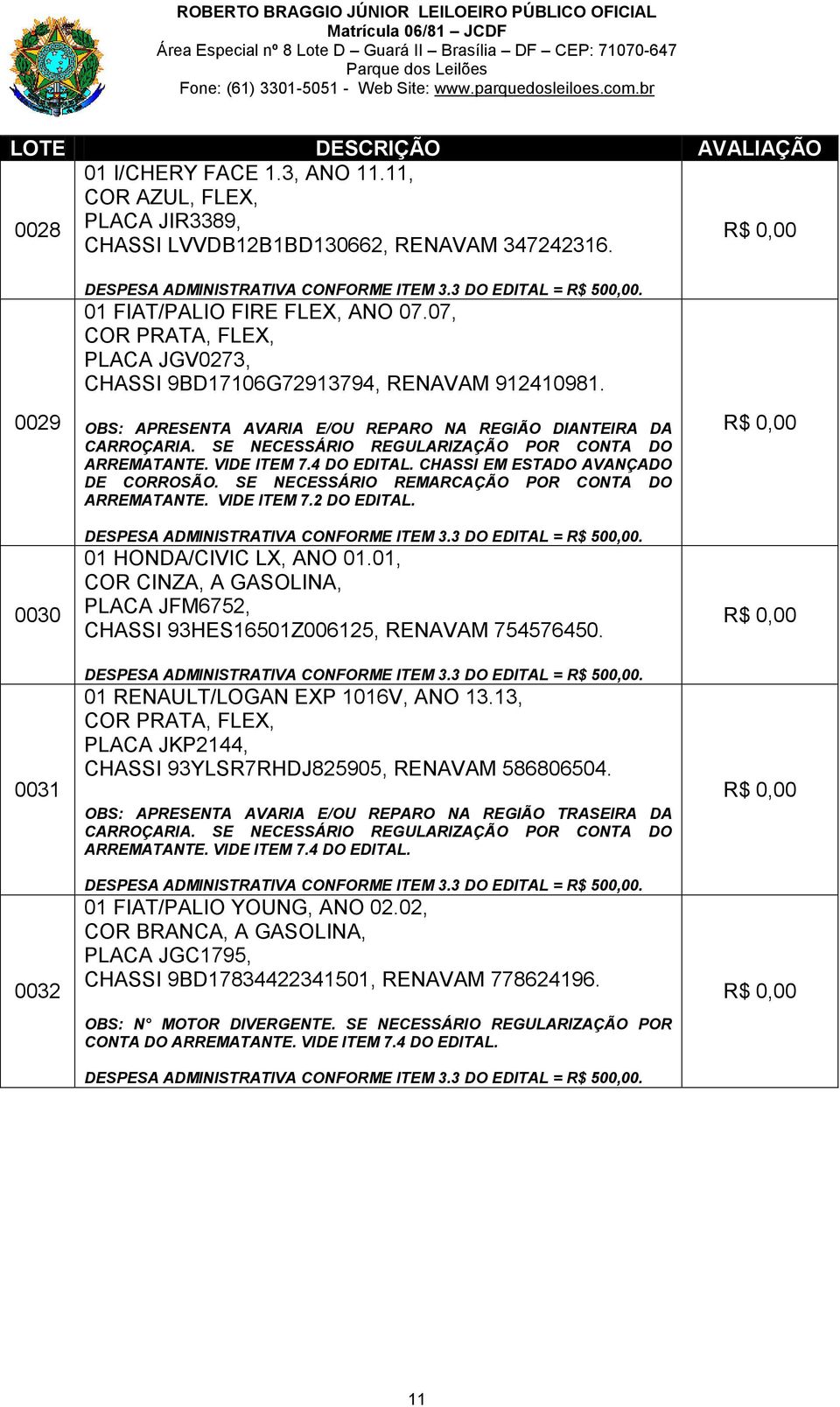 4 DO EDITAL. CHASSI EM ESTADO AVANÇADO DE CORROSÃO. SE NECESSÁRIO REMARCAÇÃO POR CONTA DO ARREMATANTE. VIDE ITEM 7.2 DO EDITAL. 01 HONDA/CIVIC LX, ANO 01.