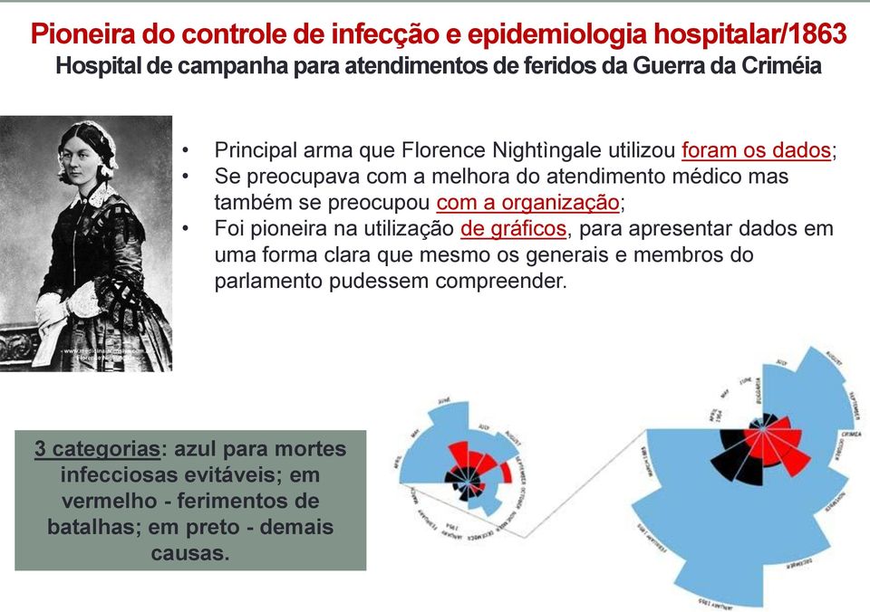 com a organização; Foi pioneira na utilização de gráficos, para apresentar dados em uma forma clara que mesmo os generais e membros do