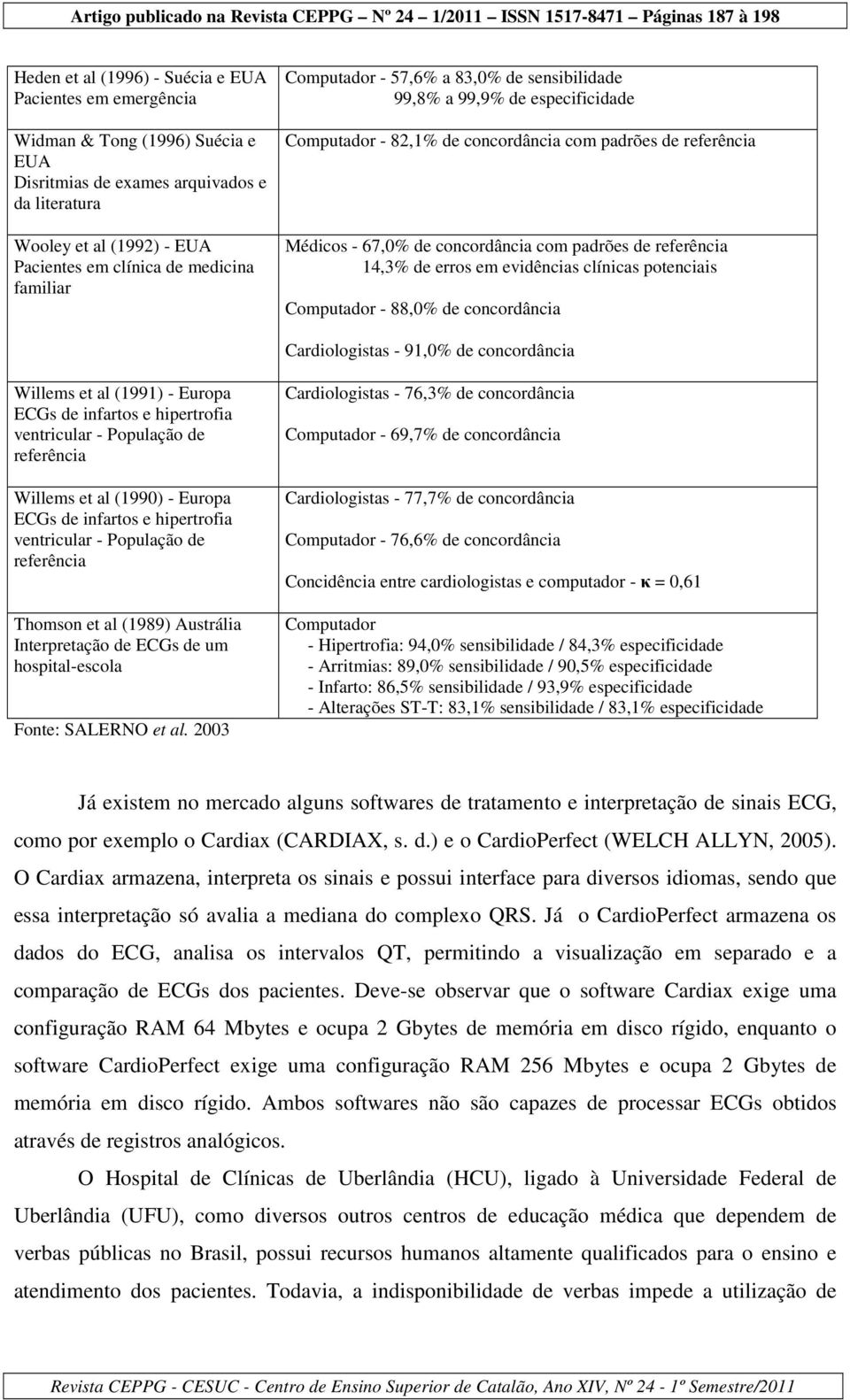 referência 14,3% de erros em evidências clínicas potenciais Computador - 88,0% de concordância Cardiologistas - 91,0% de concordância Willems et al (1991) - Europa ECGs de infartos e hipertrofia