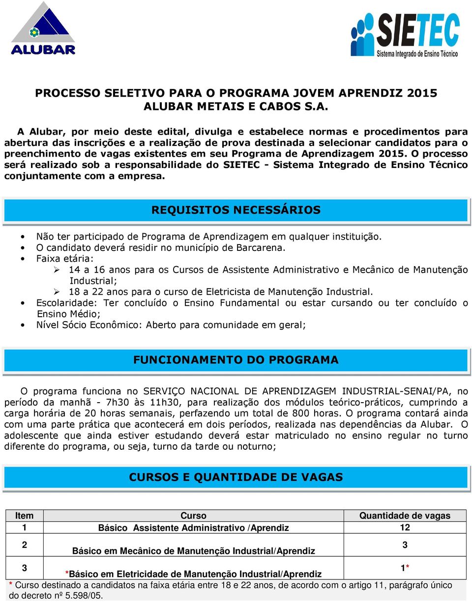 a selecionar candidatos para o preenchimento de vagas existentes em seu Programa de Aprendizagem 2015.