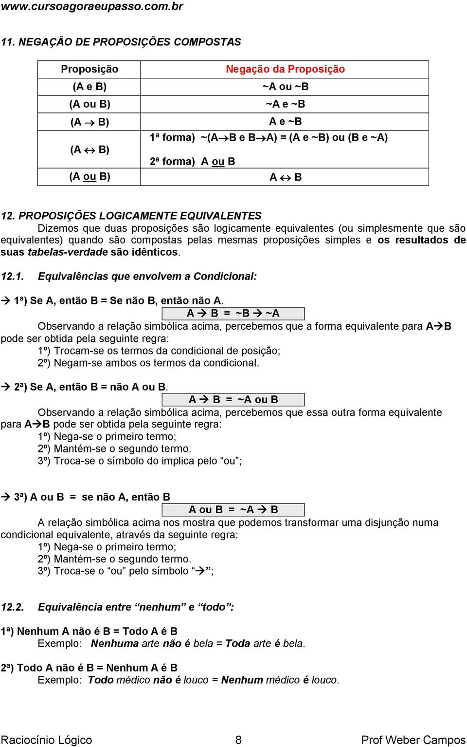 resultados de suas tabelas-verdade são idênticos. 12.1. Equivalências que envolvem a Condicional: 1ª) Se A, então B = Se não B, então não A.