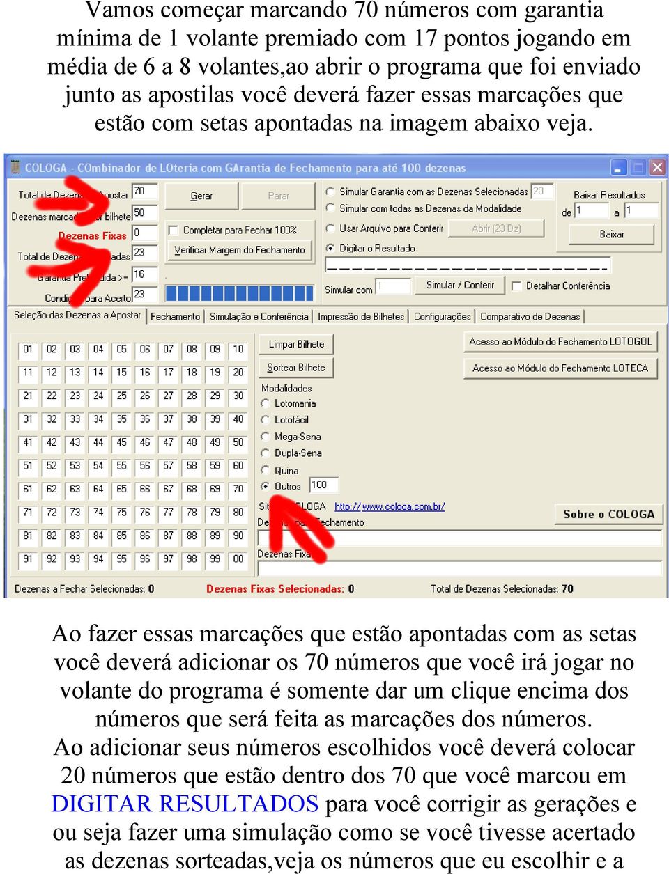 Ao fazer essas marcações que estão apontadas com as setas você deverá adicionar os 70 números que você irá jogar no volante do programa é somente dar um clique encima dos números que será