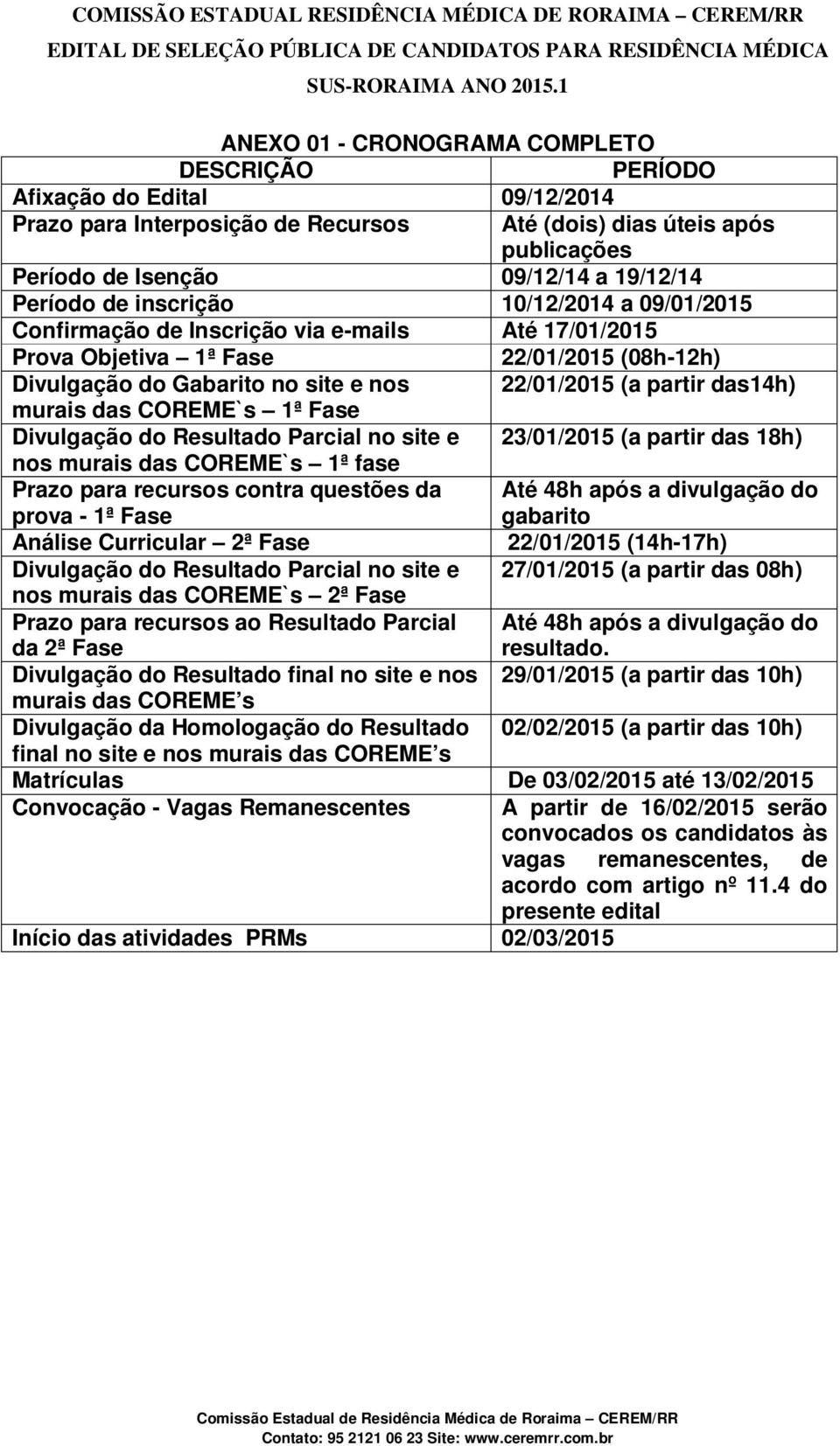 das14h) murais das COREME`s 1ª Fase Divulgação do Resultado Parcial no site e 23/01/2015 (a partir das 18h) nos murais das COREME`s 1ª fase Prazo para recursos contra questões da prova - 1ª Fase Até