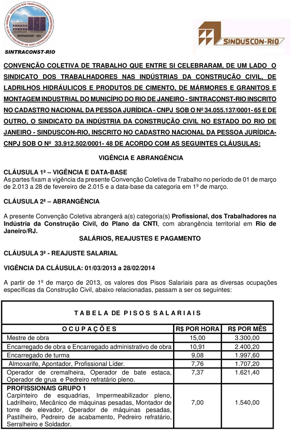 137/0001-65 E DE OUTRO, O SINDICATO DA INDÚSTRIA DA CONSTRUÇÃO CIVIL NO ESTADO DO RIO DE JANEIRO - SINDUSCON-RIO, INSCRITO NO CADASTRO NACIONAL DA PESSOA JURÍDICA- CNPJ SOB O Nº 33.912.