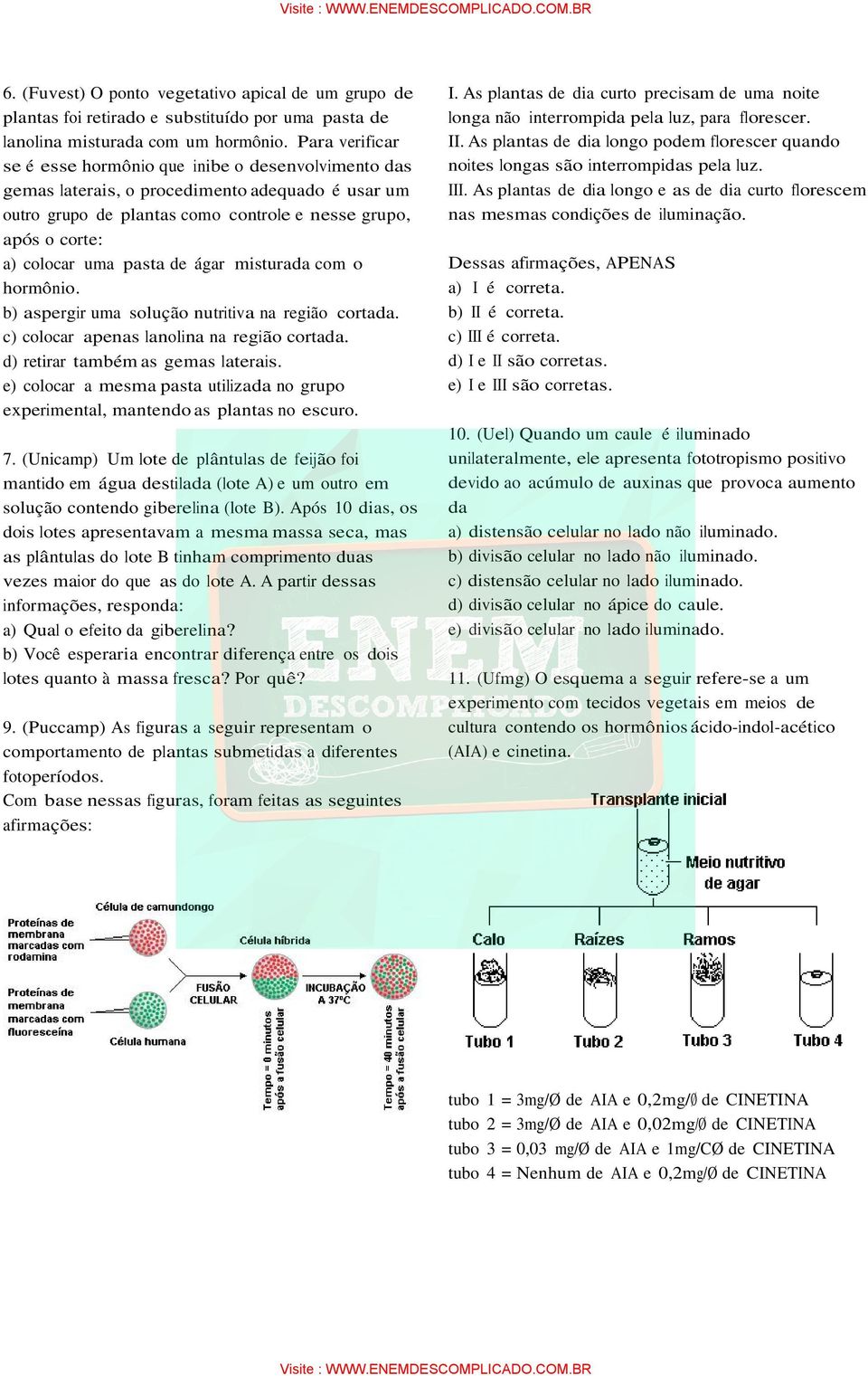 pasta de ágar misturada com o hormônio. b) aspergir uma solução nutritiva na região cortada. c) colocar apenas lanolina na região cortada. d) retirar também as gemas laterais.