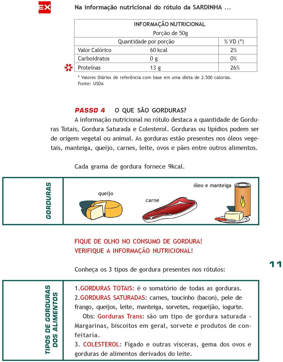 500 calorias. Fonte: USDA PASSO 4 O QUE SÃO GORDURAS? A informação nutricional no rótulo destaca a quantidade de Gorduras Totais, Gordura Saturada e Colesterol.