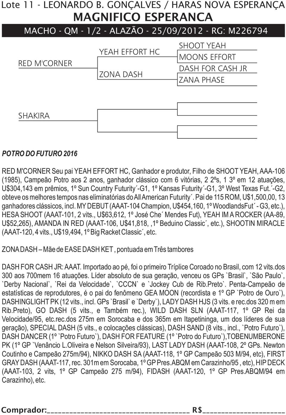 SHAKIRA POTRO DO FUTURO 2016 RED M'CORNER Seu pai YEAH EFFORT HC, Ganhador e produtor, Filho de SHOOT YEAH, AAA-106 (1985), Campeão Potro aos 2 anos, ganhador clássico com 6 vitórias, 2 2ºs, 1 3º em