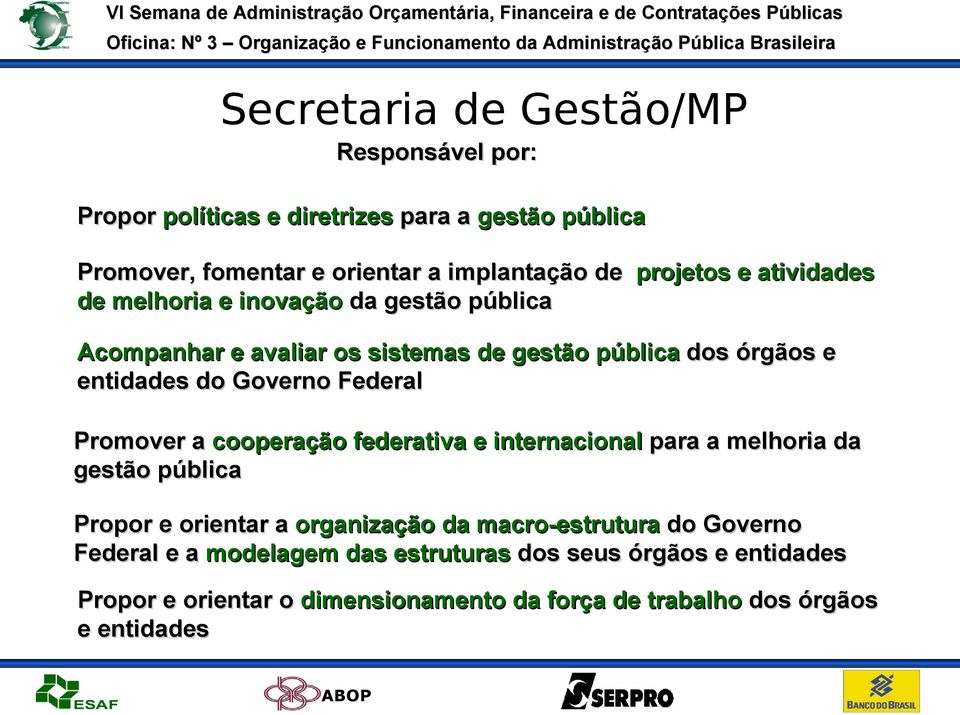 Governo Federal Promover a cooperação federativa e internacional para a melhoria da gestão pública Propor e orientar a organização da