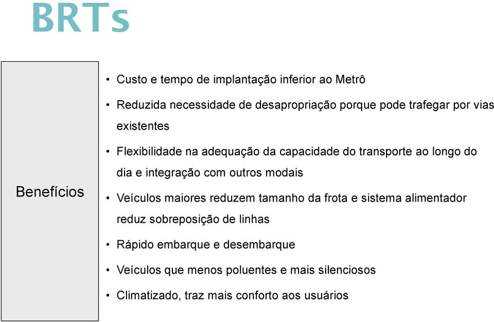 com outros modais Veículos maiores reduzem tamanho da frota e sistema alimentador reduz sobreposição de linhas